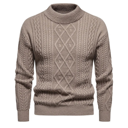 Men's round neck thickened pullover sweater in solid dark grey, green, blue, black, beige or light brown, sizes M to 3XL