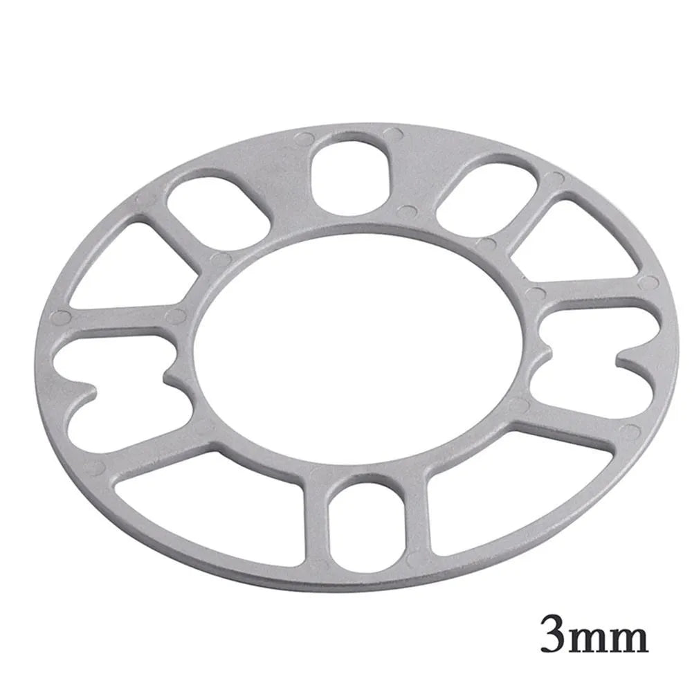A metal hub widening gasket or spacer for car wheels, shown with thickness options of 3mm, 5mm, 8mm, and 10mm.