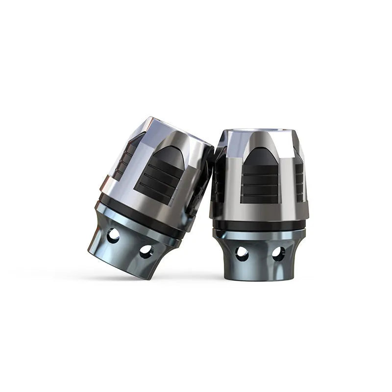 Pair of anodised aluminium alloy fork cups for electric car or motorcycle front axle.