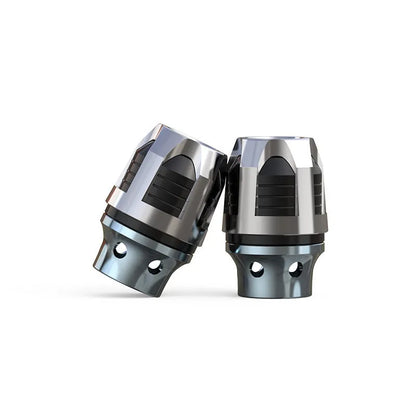 Pair of anodised aluminium alloy fork cups for electric car or motorcycle front axle.