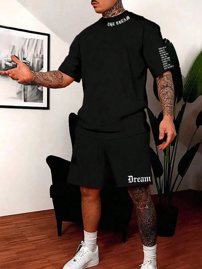 Man wearing a printed short-sleeve sports top and matching shorts in a quick-dry polyester blend.
