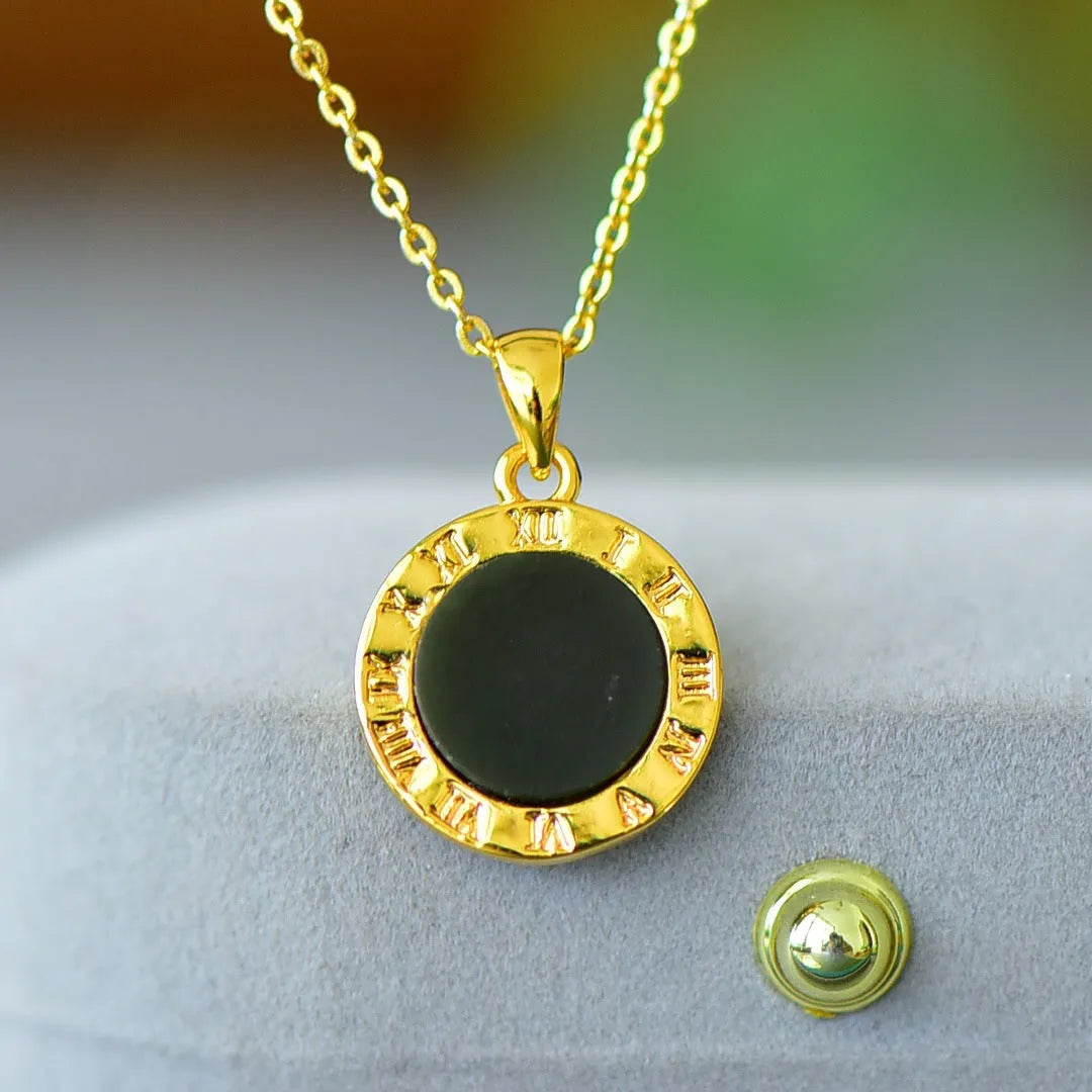Copper inlaid pendant with natural grey Hetian jade and dark ink blue jade on a necklace.