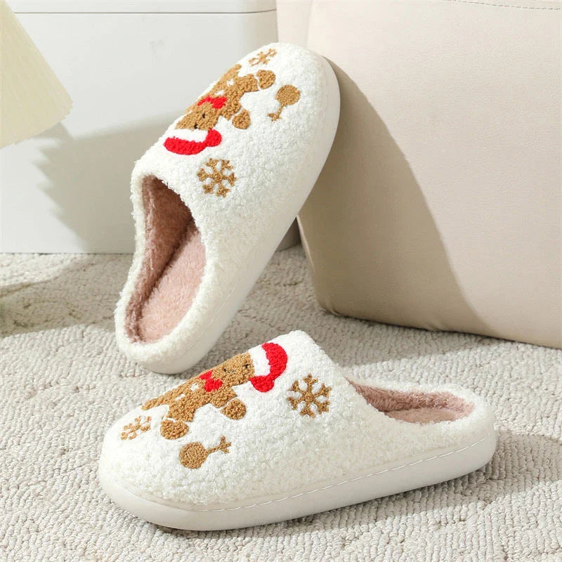 Festive Snowflake Gingerbread Slippers with plush upper and non-slip sole for cozy indoor wear
