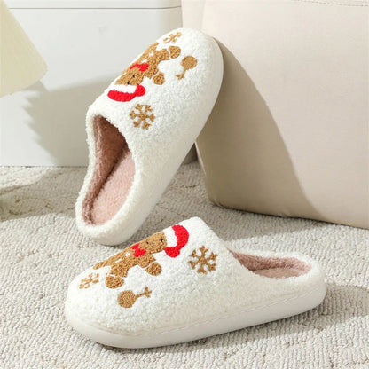 Festive Snowflake Gingerbread Slippers with plush upper and non-slip sole for cozy indoor wear