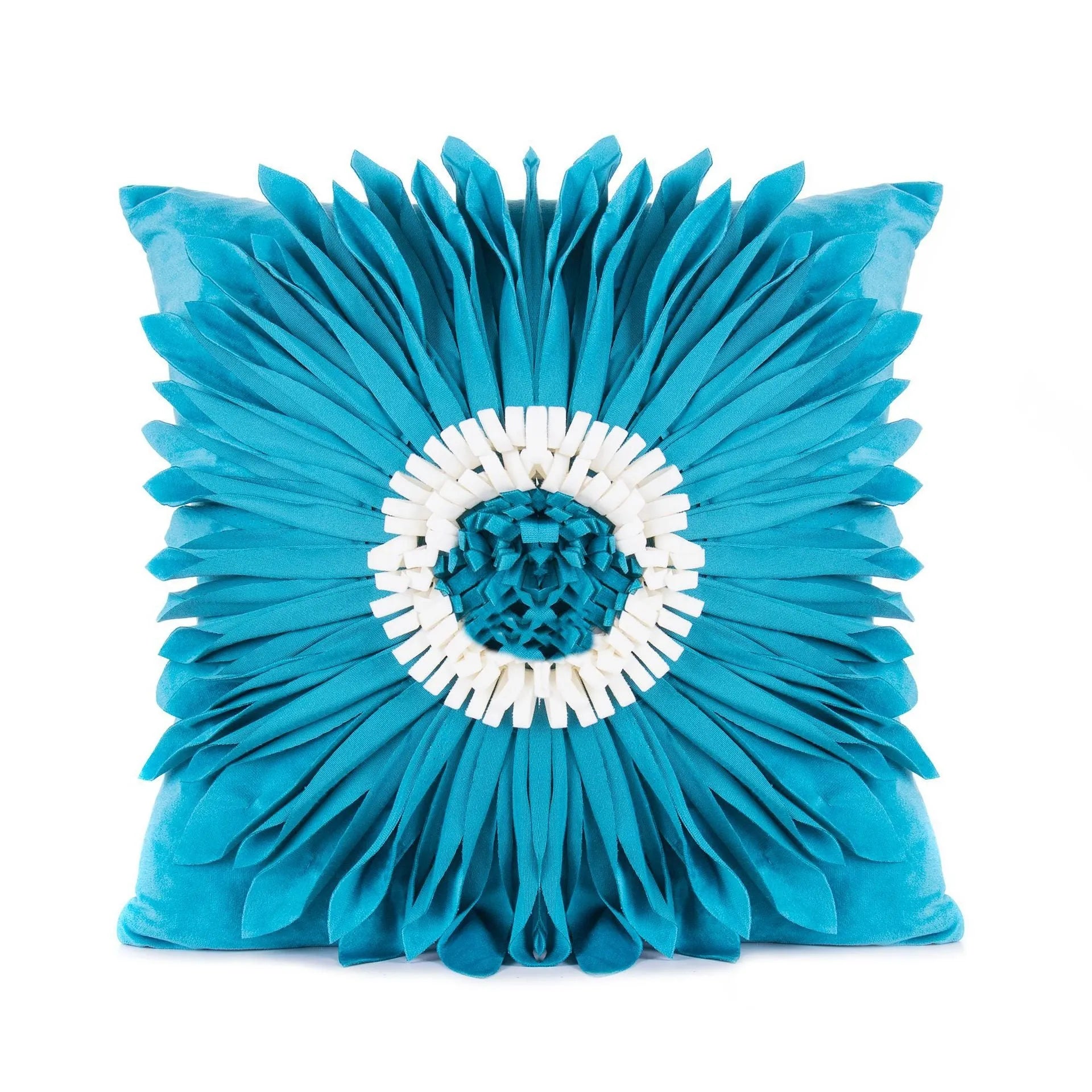 Blue velvet waist pillow with three-dimensional white chrysanthemum tufted design and fringed hem