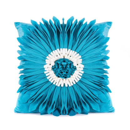 Blue velvet waist pillow with three-dimensional white chrysanthemum tufted design and fringed hem