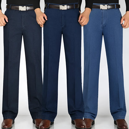 Men's high waist loose blue jeans with zip fly in light, medium and dark colour options