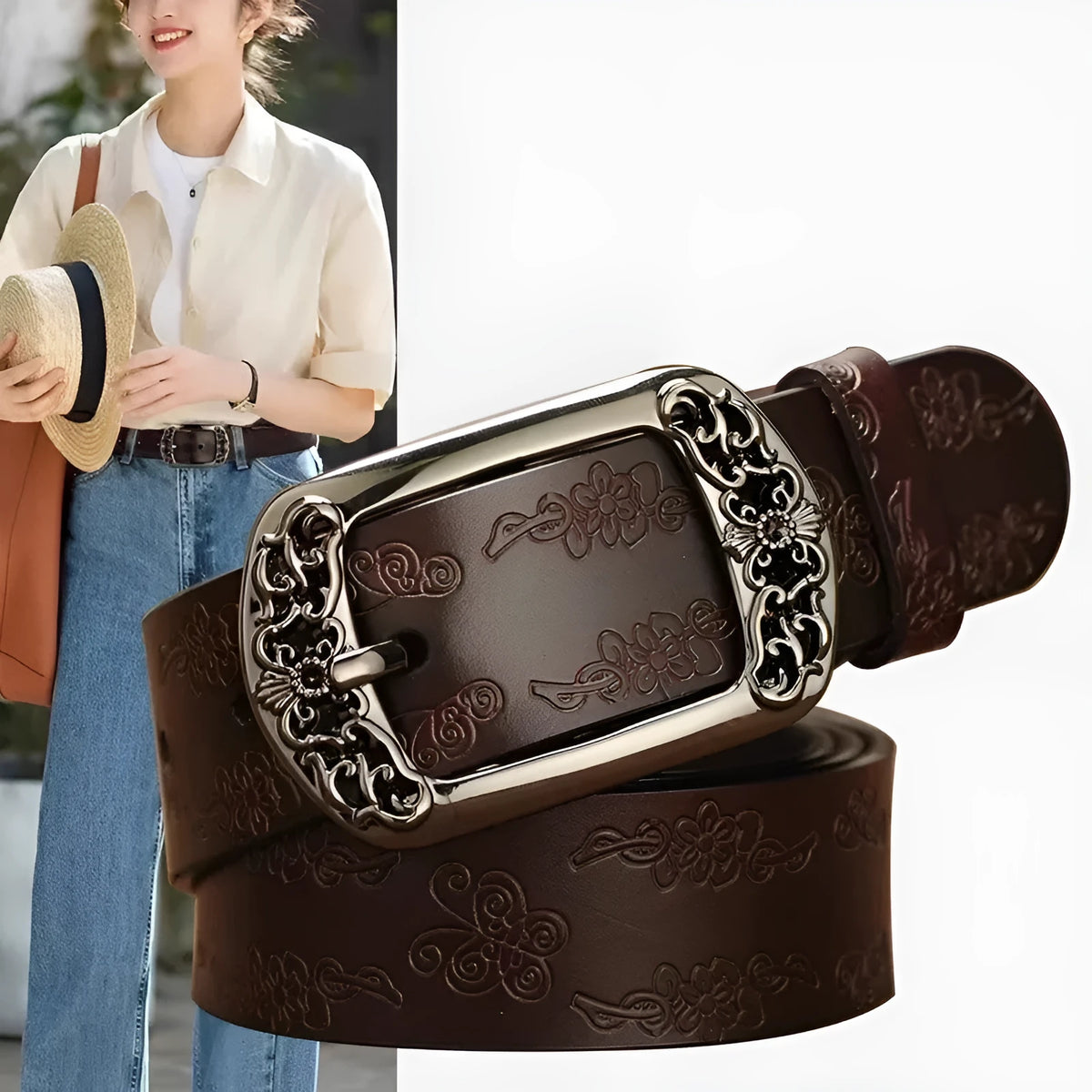 Thin decorative women's jeans belt with PU leather and alloy buckle in black or brown