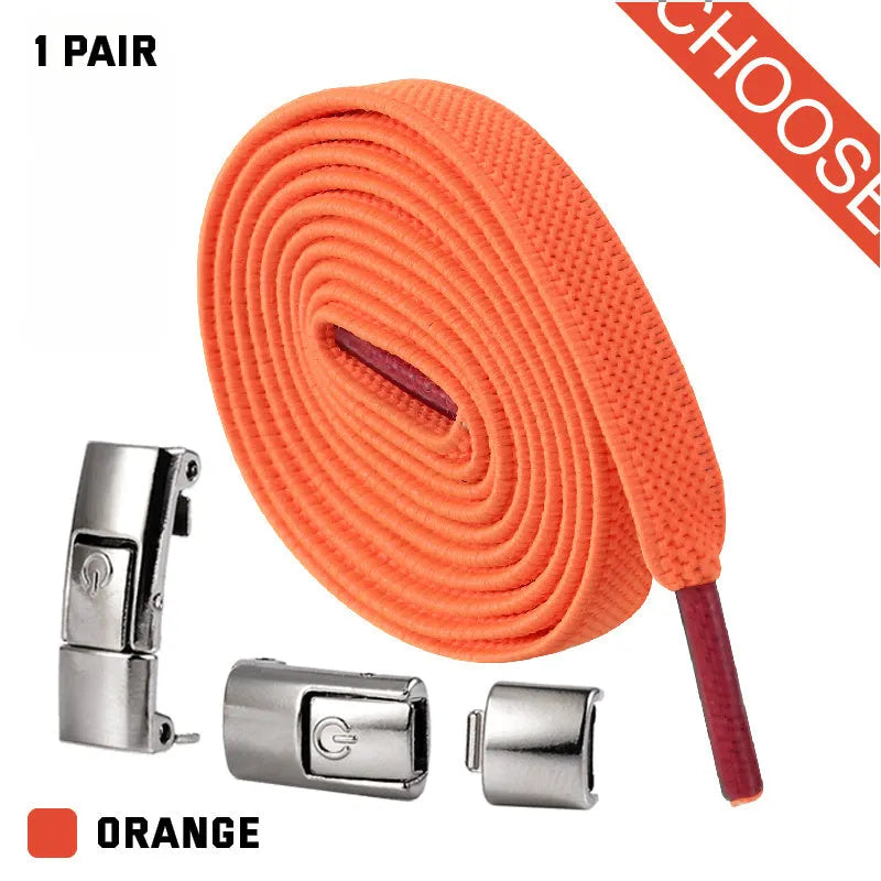 Press lock elastic shoelace with 8mm widened flat profile in assorted colours.
