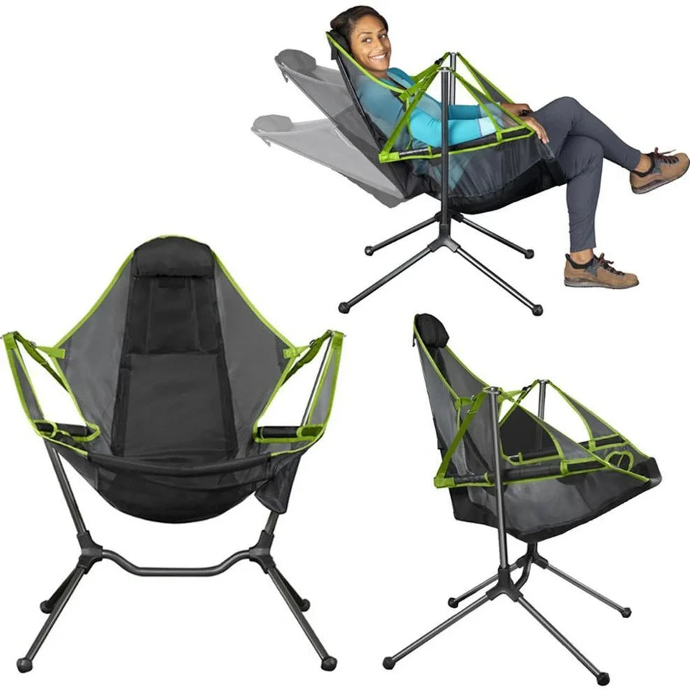 Green folding rocking chair unfolded on beach, 85cm tall with 60cm seat supporting 120kg