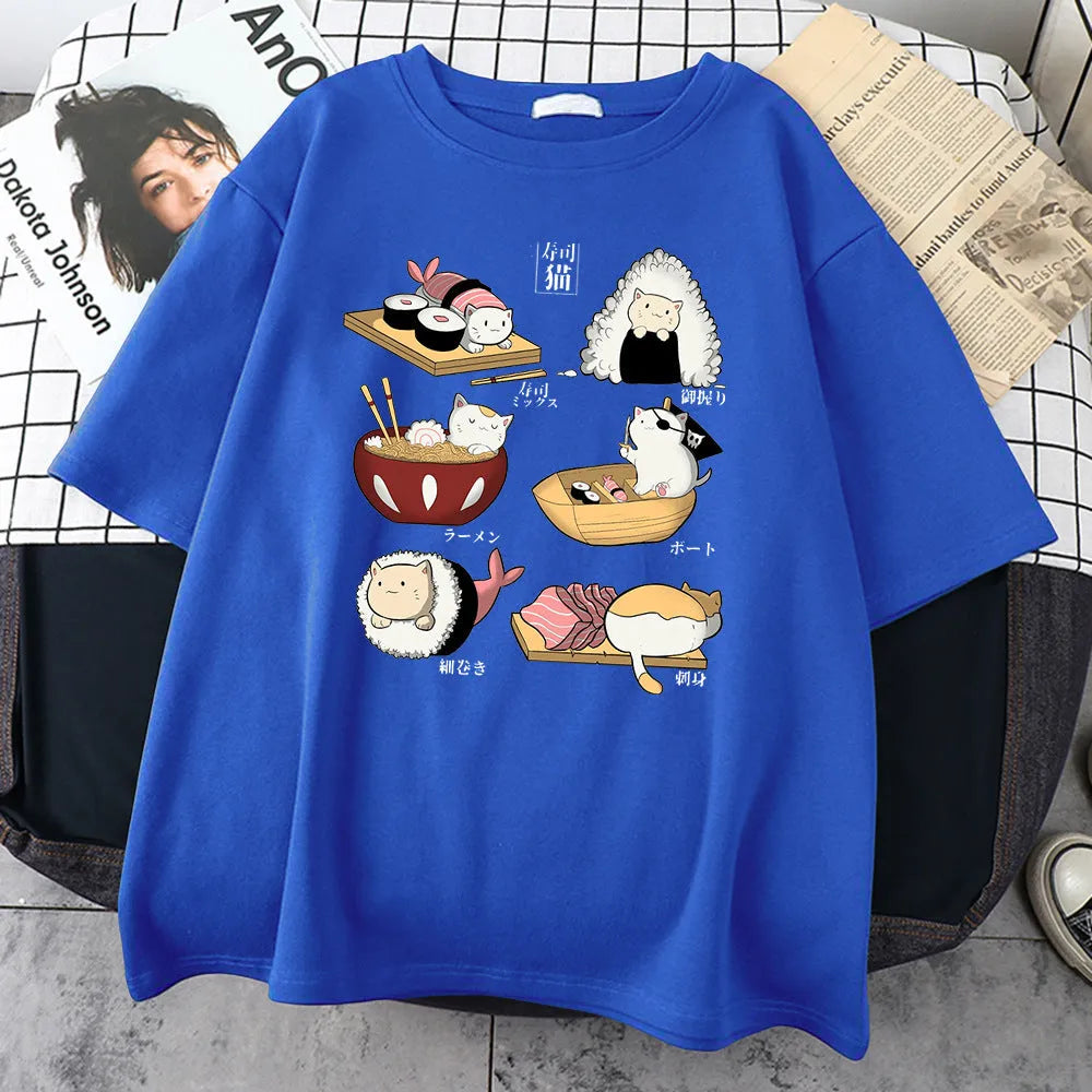 Man wearing a black loose-fit cotton t-shirt with a colourful cute cat sushi cartoon print on the front.