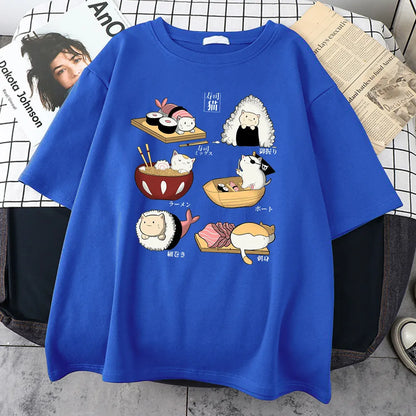 Man wearing a black loose-fit cotton t-shirt with a colourful cute cat sushi cartoon print on the front.