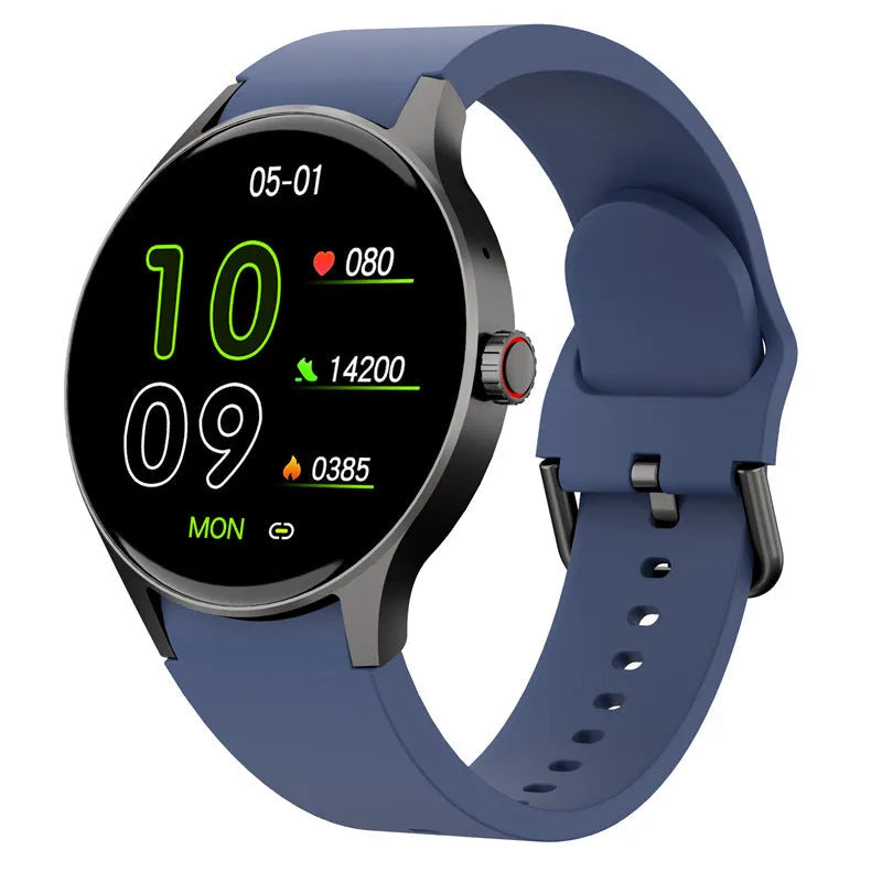 Smart Bluetooth Sport Watch with 1.43-inch round touchscreen display, 46mm diameter case, IP68 waterproof rating, and magnetic charging cable, available in black, blue, pink, or red for men and women's fitness tracking and notifications.