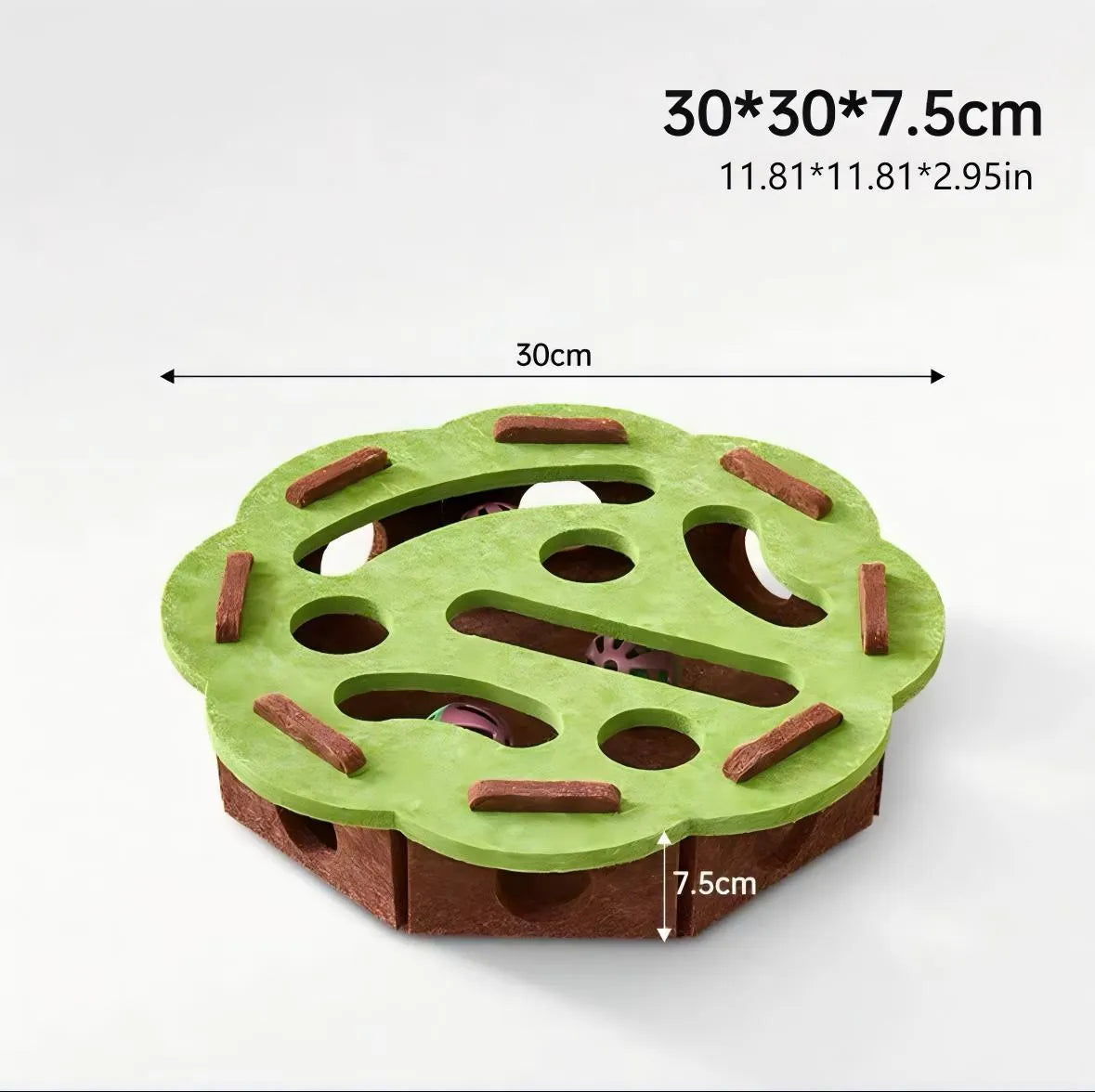 Interactive felt cat puzzle toy with maze tunnel, pathways, and bell ball, available in Circle or Square shape and four colours.