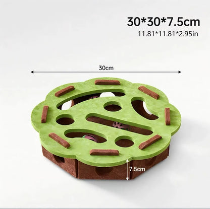 Interactive felt cat puzzle toy with maze tunnel, pathways, and bell ball, available in Circle or Square shape and four colours.