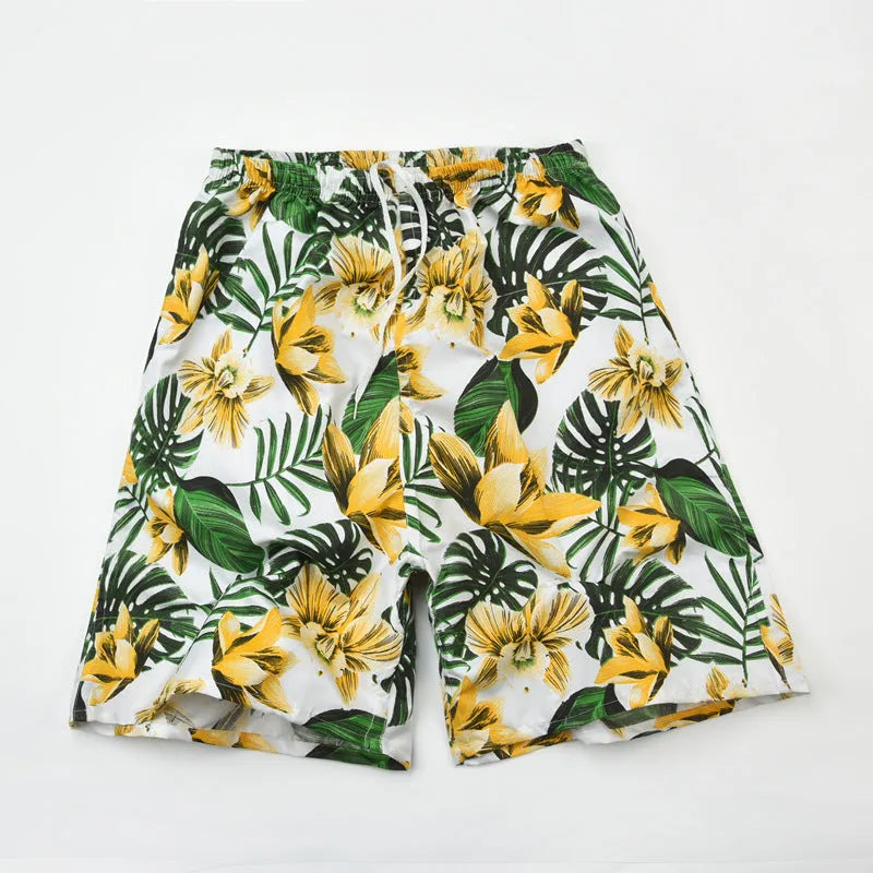 Men's floral patterned swim shorts with five-point cut design