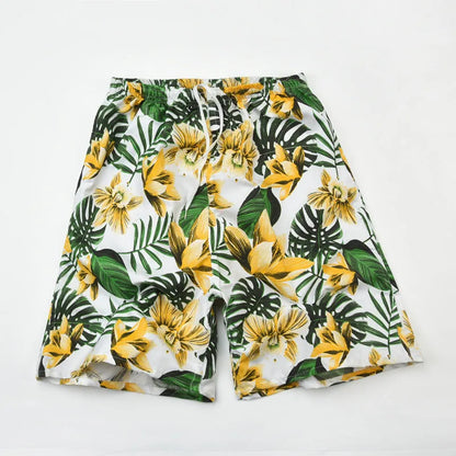Men's floral patterned swim shorts with five-point cut design