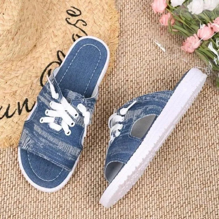 Blue Roman style flat canvas slippers with rubber soles for women in various sizes