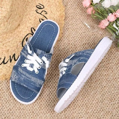 Blue Roman style flat canvas slippers with rubber soles for women in various sizes