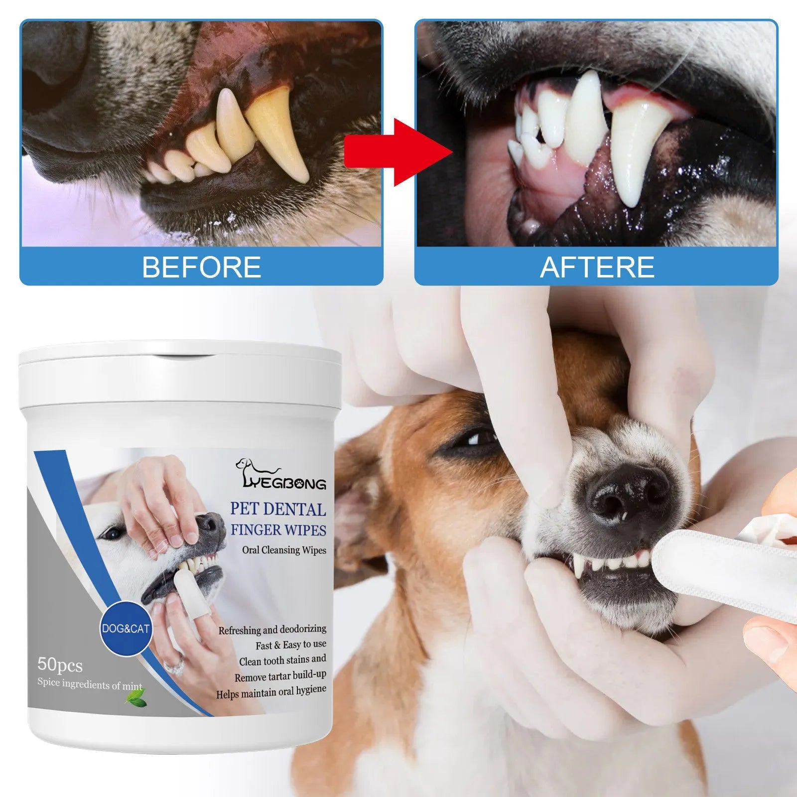 Dog dental cleaning finger wipes in can with finger stall applicator design for canine oral care