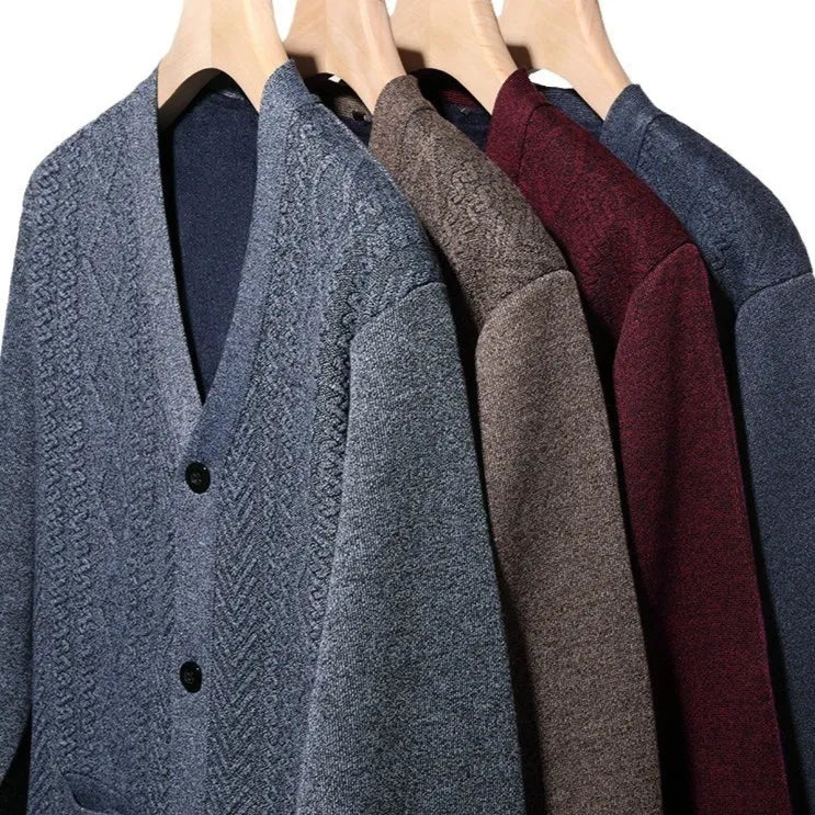 Men's cardigan sweater long-sleeved striped coat for fall and winter, plus size polyester wool-lined knit in brown, light gray, dark gray, or wine red available in sizes M, L, XL, 2XL, and 3XL