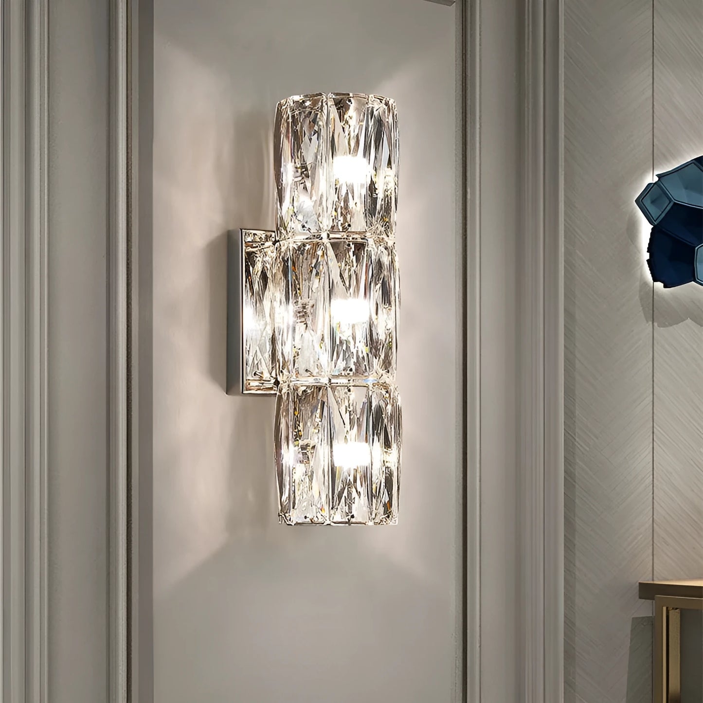 Silver or gold linear crystal wall lamp with LED lighting in various lengths for hallway or bedroom.