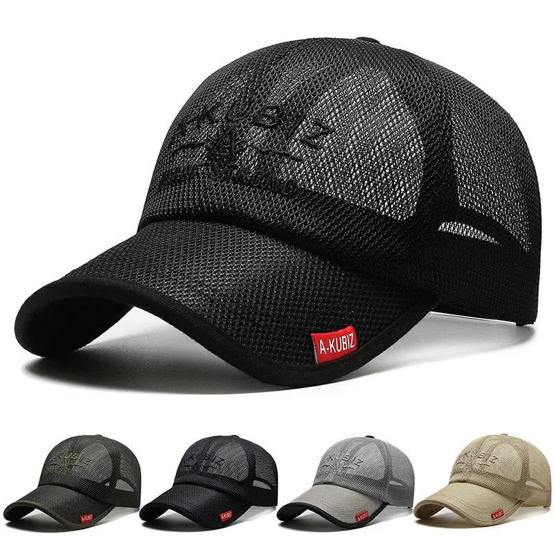 Men's adjustable cotton mesh baseball cap in khaki colour for summer sun protection