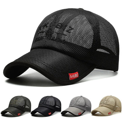 Men's adjustable cotton mesh baseball cap in khaki colour for summer sun protection