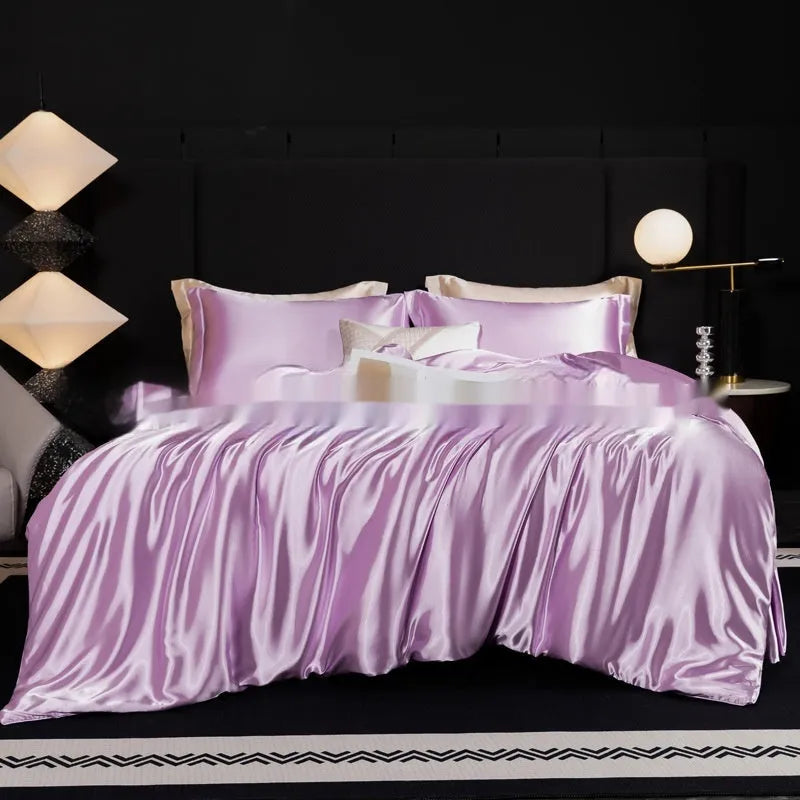 Household Fashion silk bed sheet four-piece set in Ash Purple colour on UK double bed