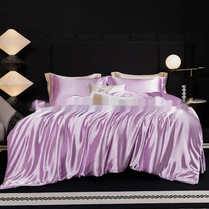 Household Fashion silk bed sheet four-piece set in Ash Purple colour on UK double bed
