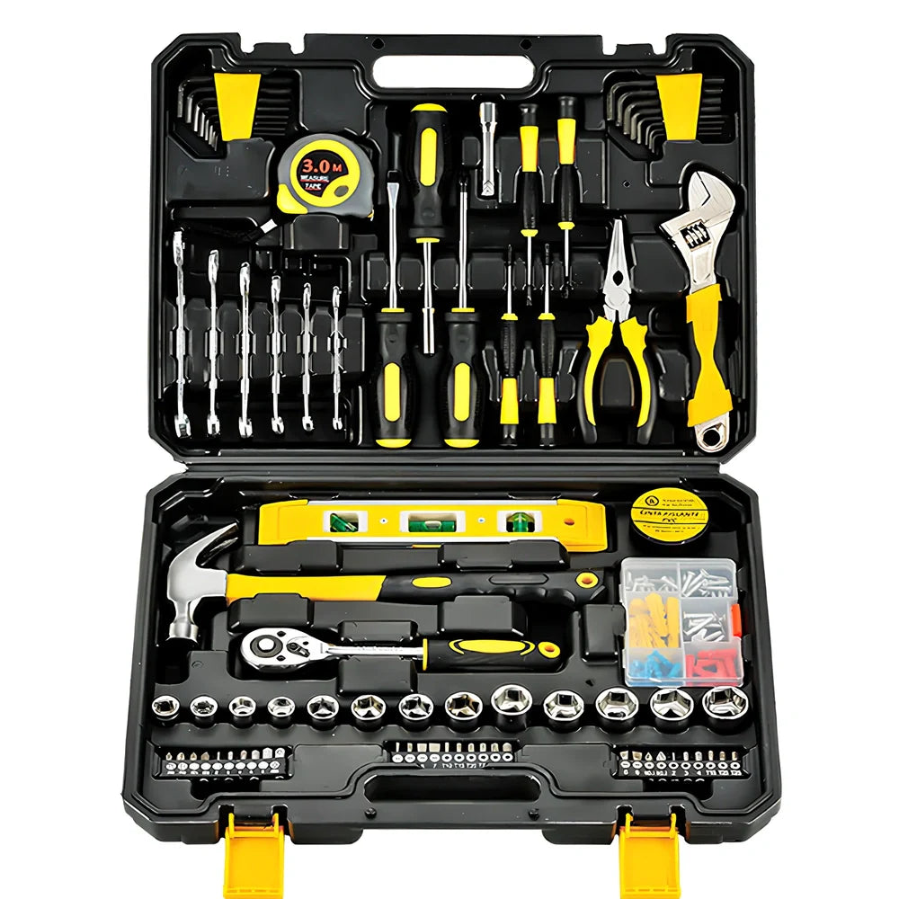 108-piece carbon steel toolbox set with wrenches, screwdrivers, pliers, and tape measure for household and car repairs