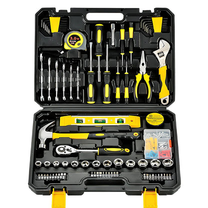 108-piece carbon steel toolbox set with wrenches, screwdrivers, pliers, and tape measure for household and car repairs