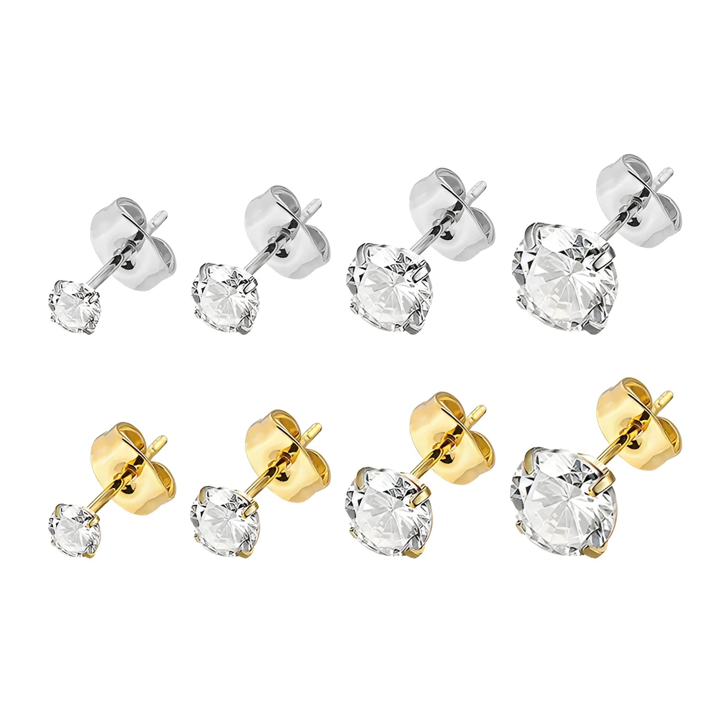 Simple geometric square and round zircon stud earrings in stainless steel with gold and steel colour finishes.