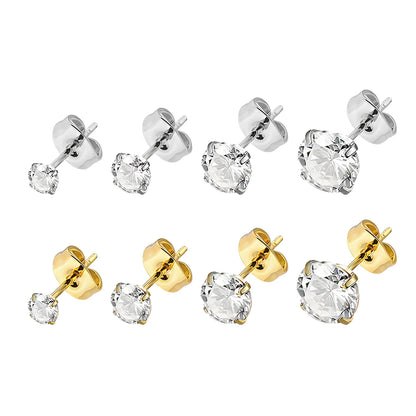 Simple geometric square and round zircon stud earrings in stainless steel with gold and steel colour finishes.
