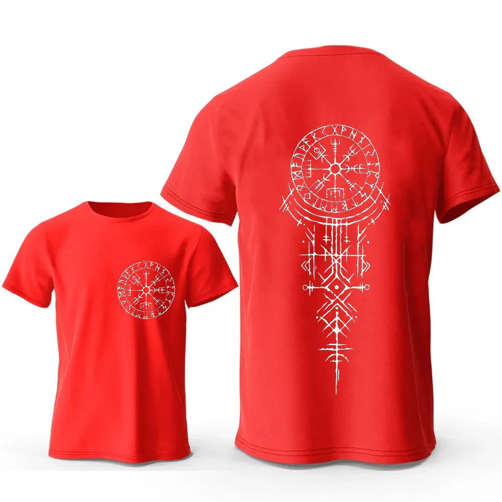 Men's grey cotton T-shirt with a detailed Viking rune compass graphic on the chest.