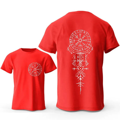 Men's grey cotton T-shirt with a detailed Viking rune compass graphic on the chest.