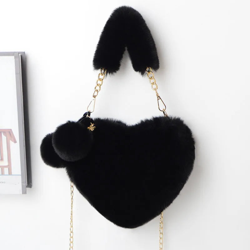 Plush heart-shaped women's handbag in medium size with removable shoulder strap