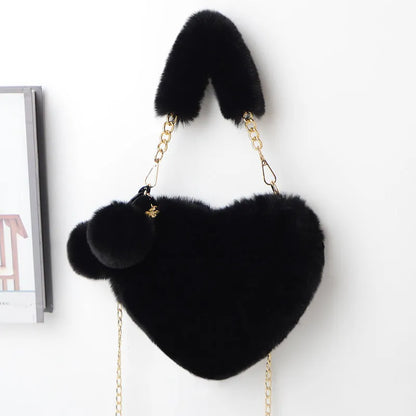 Plush heart-shaped women's handbag in medium size with removable shoulder strap