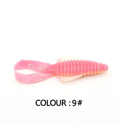 PVC soft plastic fishing lure in assorted colours showing 8cm and 12cm size options for artificial bait fishing.
