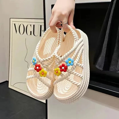 PVC non-slip sandals with round toe and floral decoration in beige colour