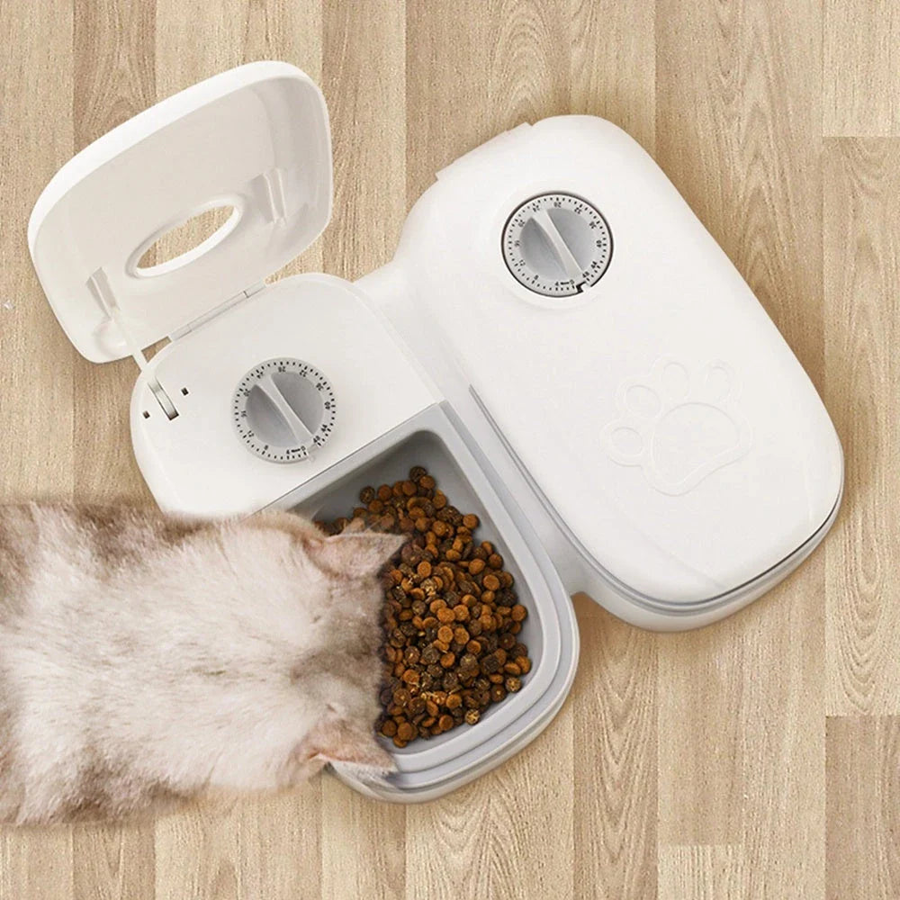 Automatic pet feeder with gravity-powered food and water dispensing system for cats and dogs