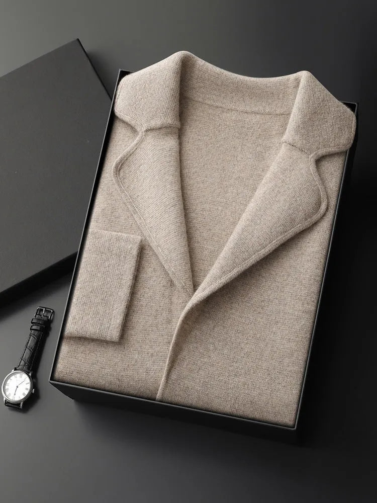 Men's cashmere lapel collar cardigan jacket in light gray colour showing loose fit and knitted texture