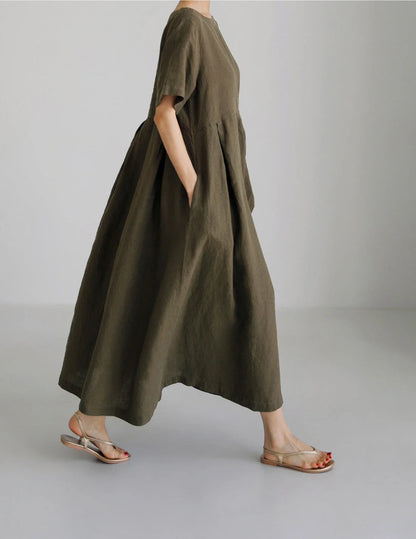 Loose cotton and linen dress in navy blue, army green, and apricot