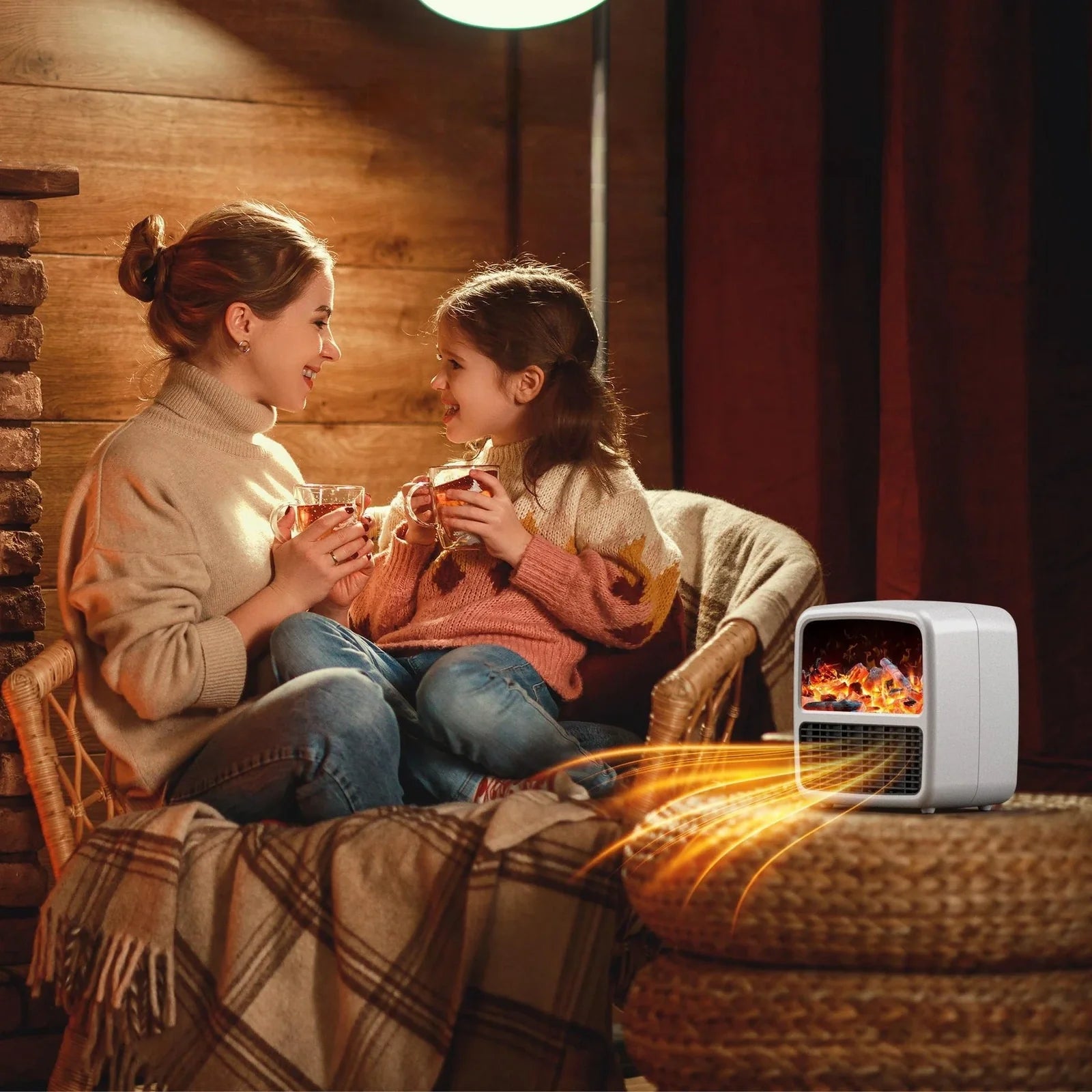 Compact black electric desktop heater with ceramic heating technology and mechanical controls for winter warmth
