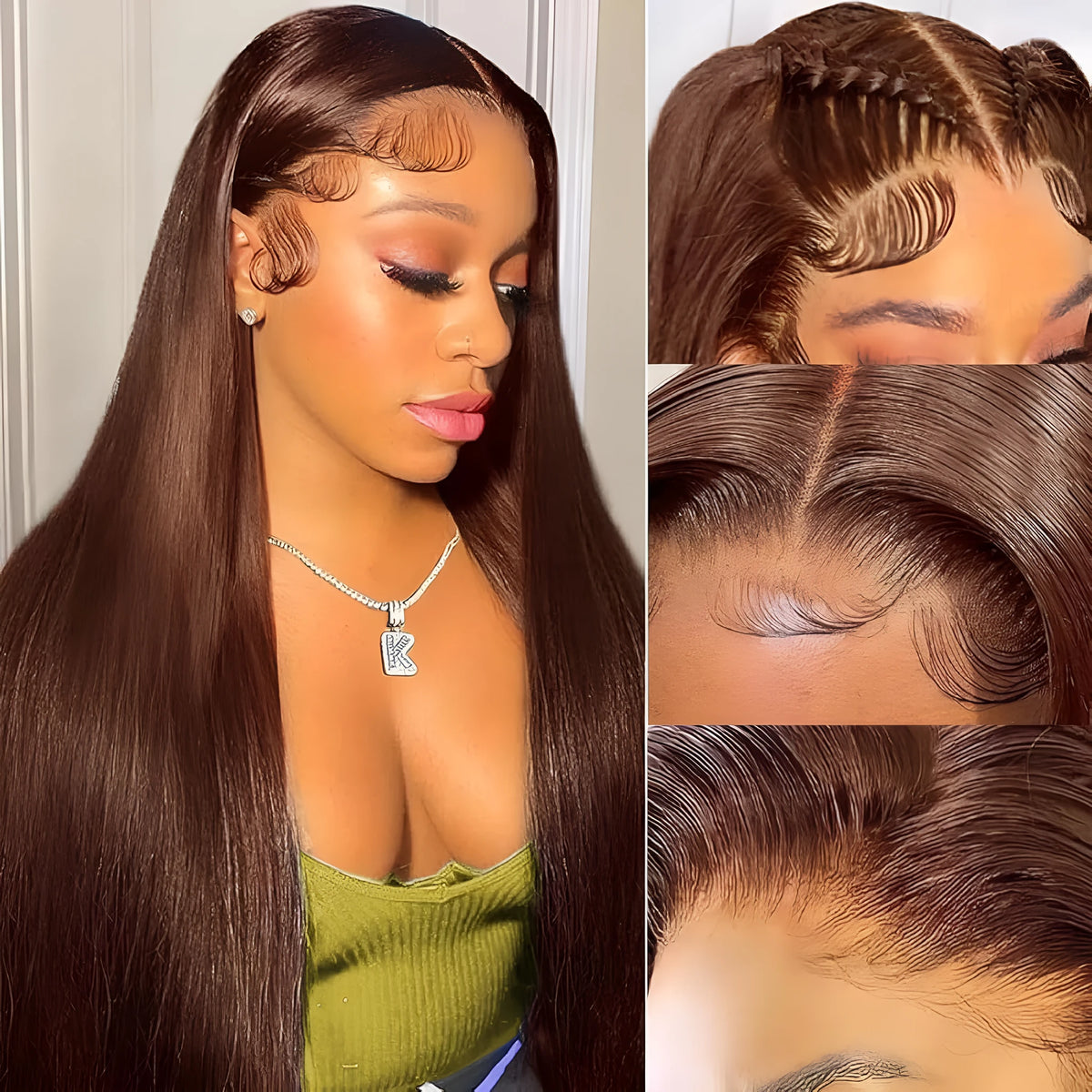 Dark brown front lace human hair wig with adjustable headgear, shown at a long length.