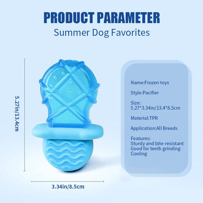 Set of four water-filled silicone dog cooling toys: pacifier, popsicle, and two rings.