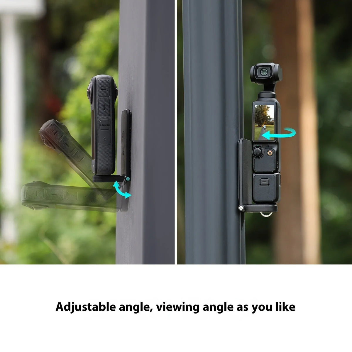 Black magnetic bracket base and handle accessory for an Insta360 X4 camera on a desktop.