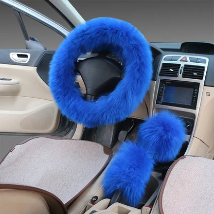 Wool steering wheel cover and handle cover set for car interiors