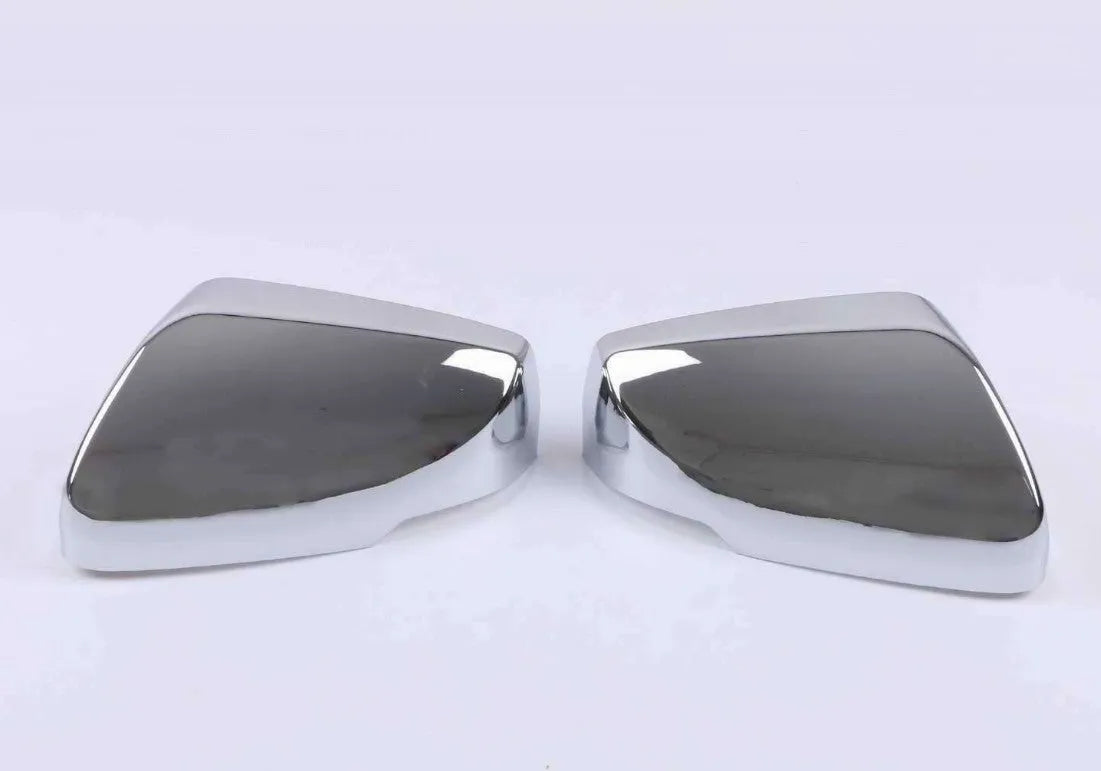 Pair of ABS plastic mirror covers for Cadillac CT5 CT6 in carbon fibre, silver, and rain frame finishes.