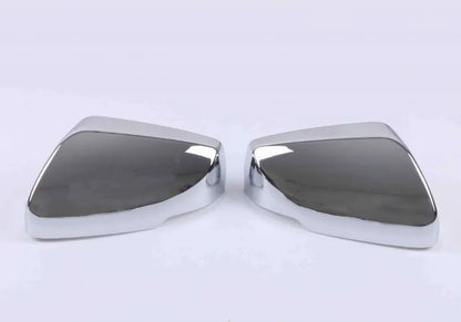 Pair of ABS plastic mirror covers for Cadillac CT5 CT6 in carbon fibre, silver, and rain frame finishes.